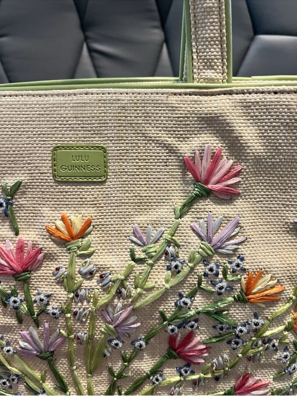 Lulu Guinness Vintage Straw Tote with Pink, Orange, Lavender Floral Embroidery - Picture 4 of 9